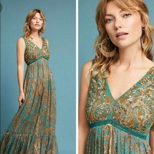 ANTHRO Ranna Gill Maxi Dress Beaded Paisley Ruffle